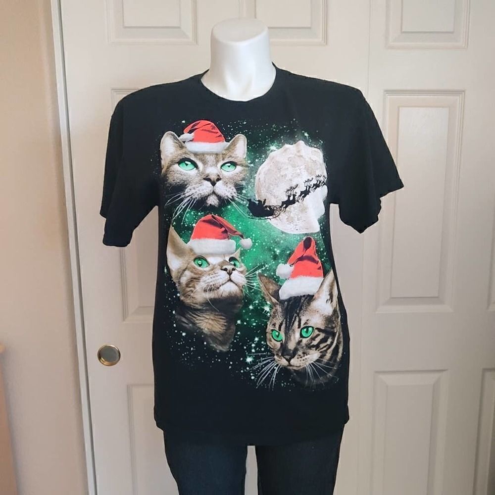 Alstyle Apparel unisex space Santa cat moon sled cotton T-shirt L